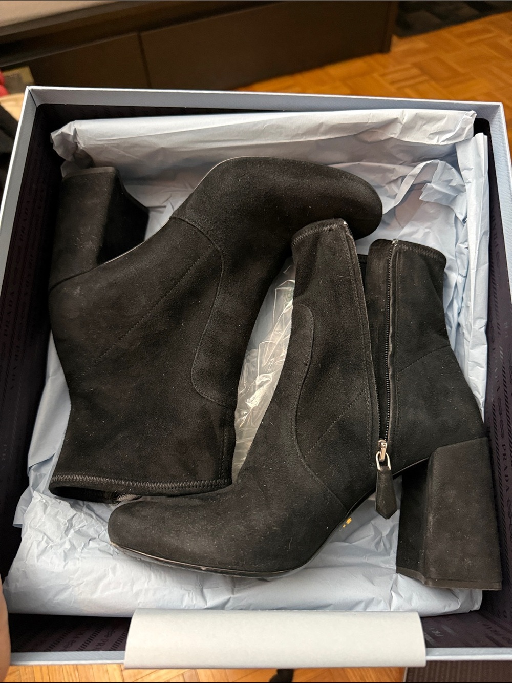 PRADA Women's Black Suede Ankle Booties with Block Heel